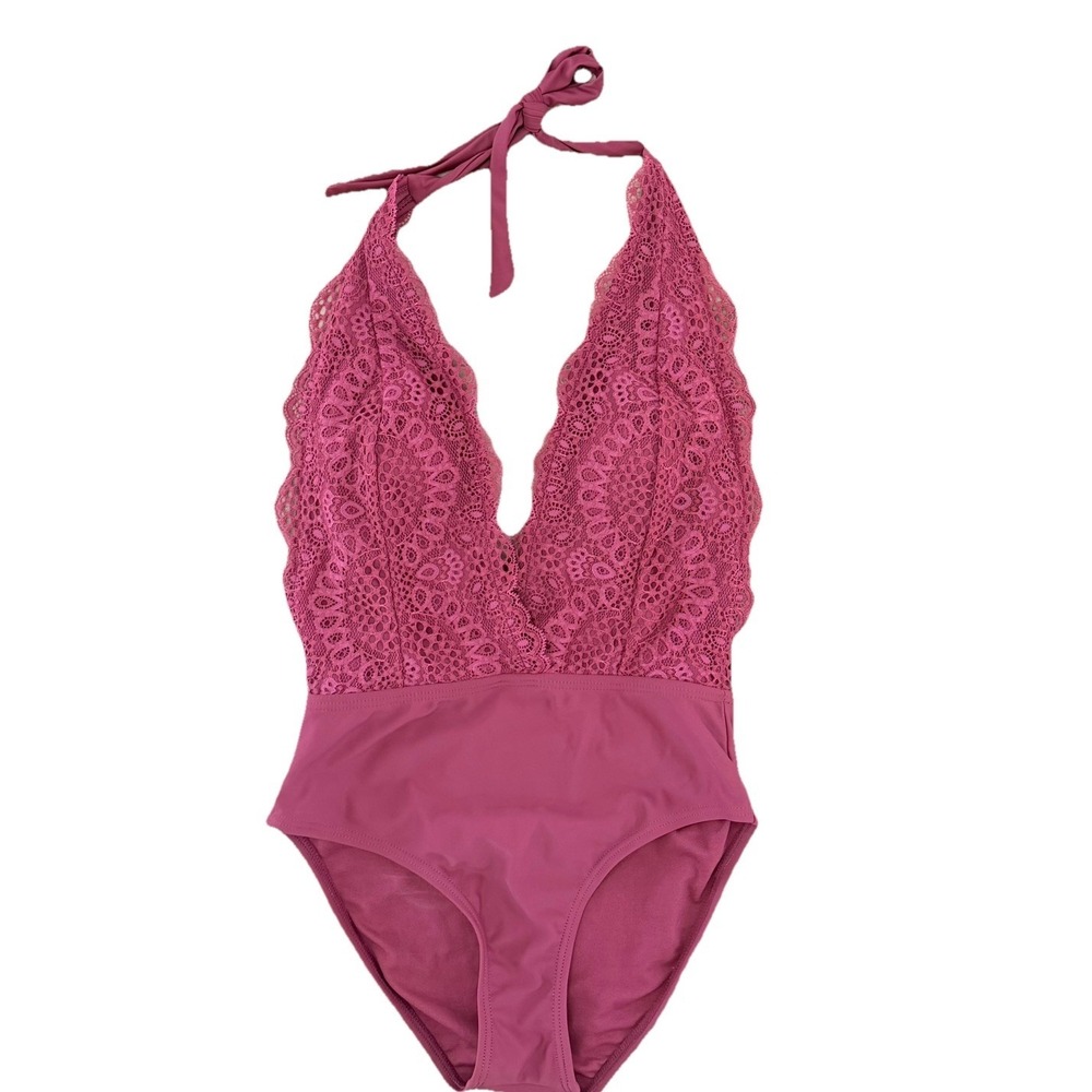 Xhilaration Lace Low Cut High Waist One Piece Swimsuit Pink Feminine Romantic